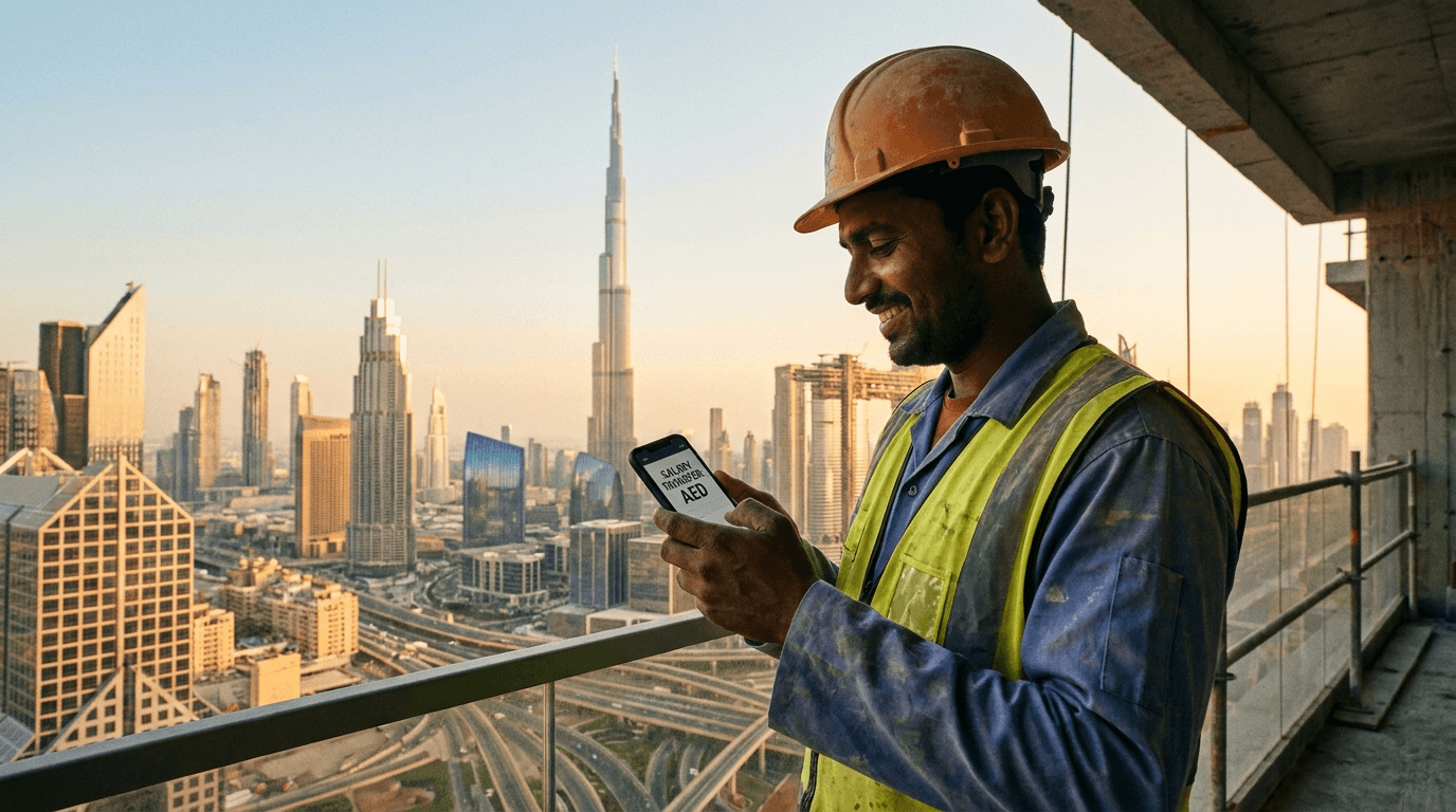 UAE worker checking salary transfer on smartphone, Dubai skyline