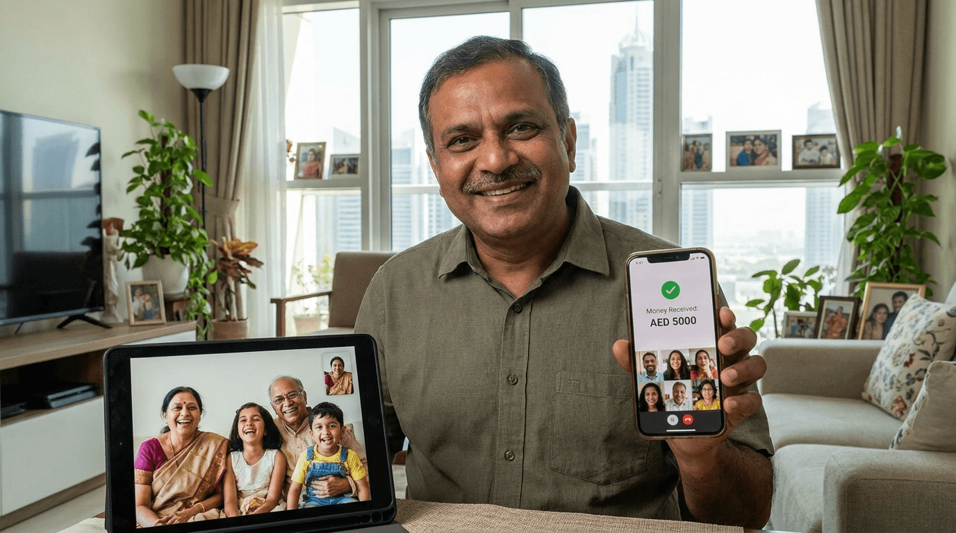 Indian family in UAE connected with family in India through money transfer
